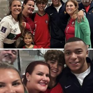 Kylian Mbappe poses with Cristiano's mother, sisters and other family members after the match against Portugal.